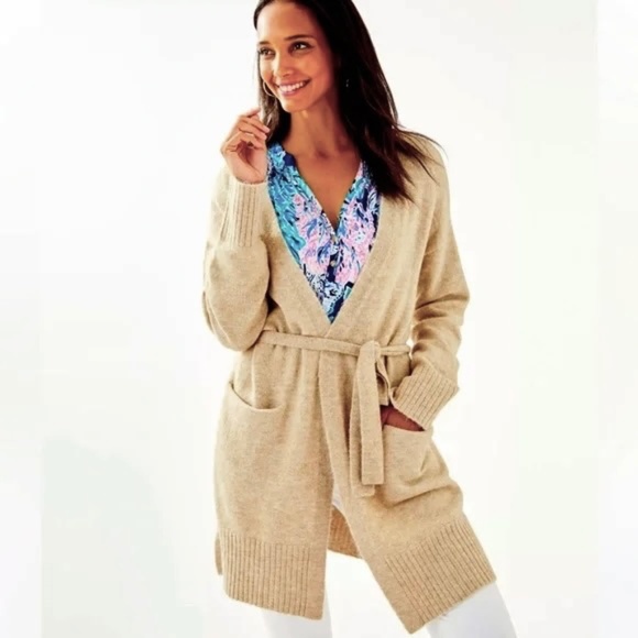 $188 Lilly Pulitzer Macarthy Open Belted Coat Style Cardigan Sweater Camel XS - Picture 3 of 4